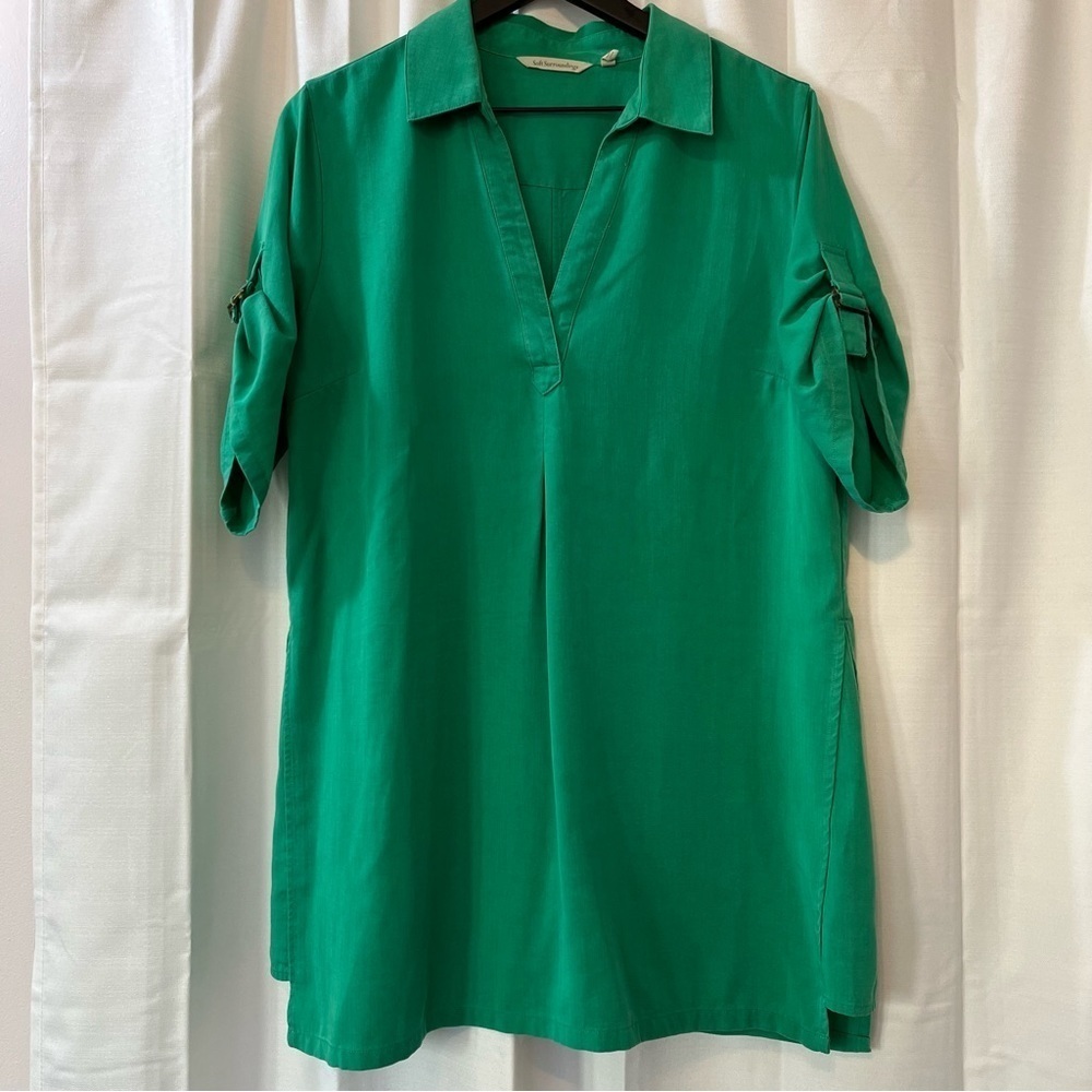 Soft Surroundings Aerin Green Shirt w/ Tortoise Buckle Sleeve - Size Lar…